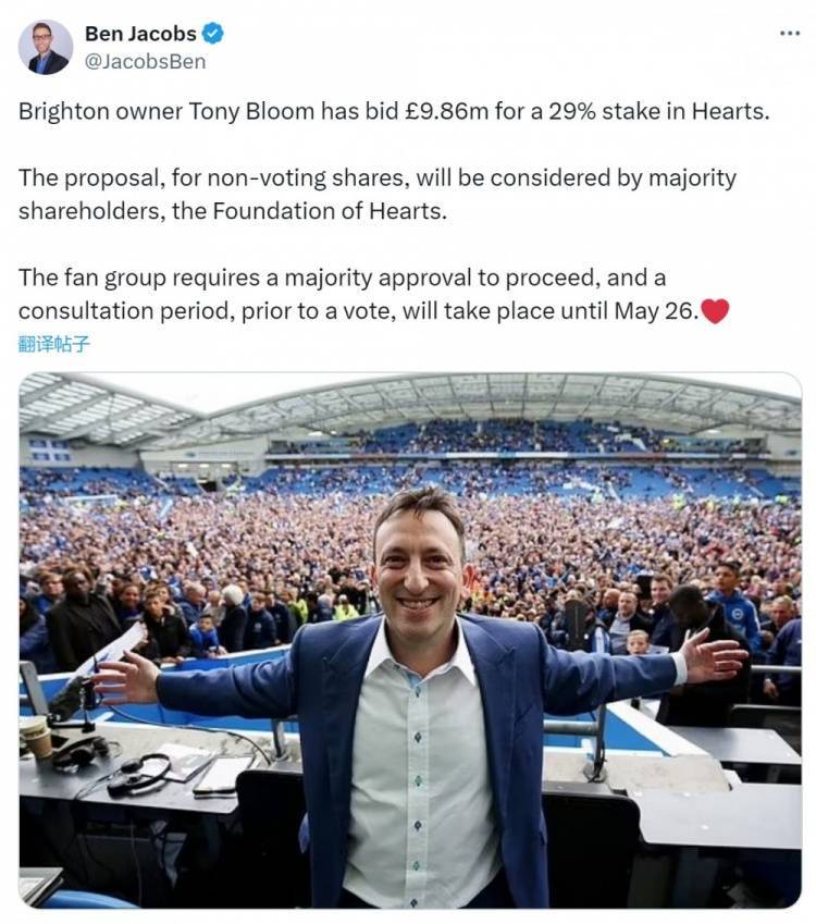 记者：布莱顿老板布鲁姆出价近千万镑，希望收购哈茨29%股份